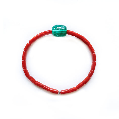 Red Coral and Green Tourmaline Stretch Bracelet