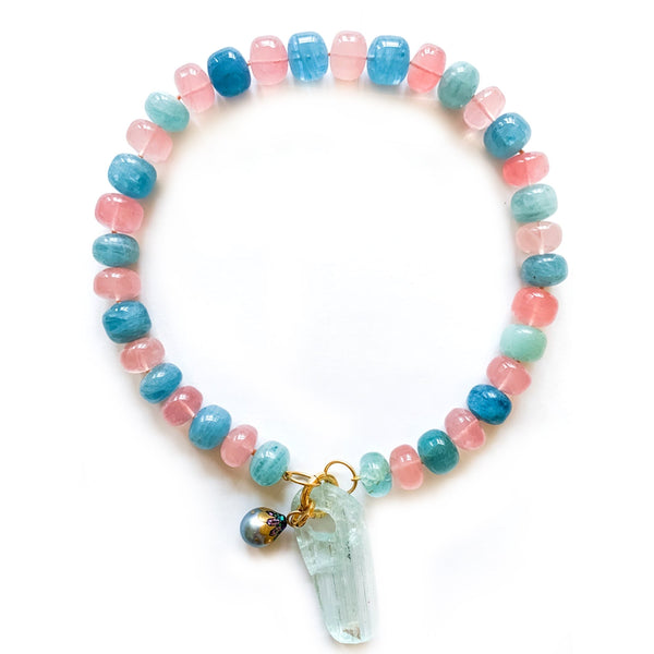 Aquamarine and Rose Quartz Necklace, 18k