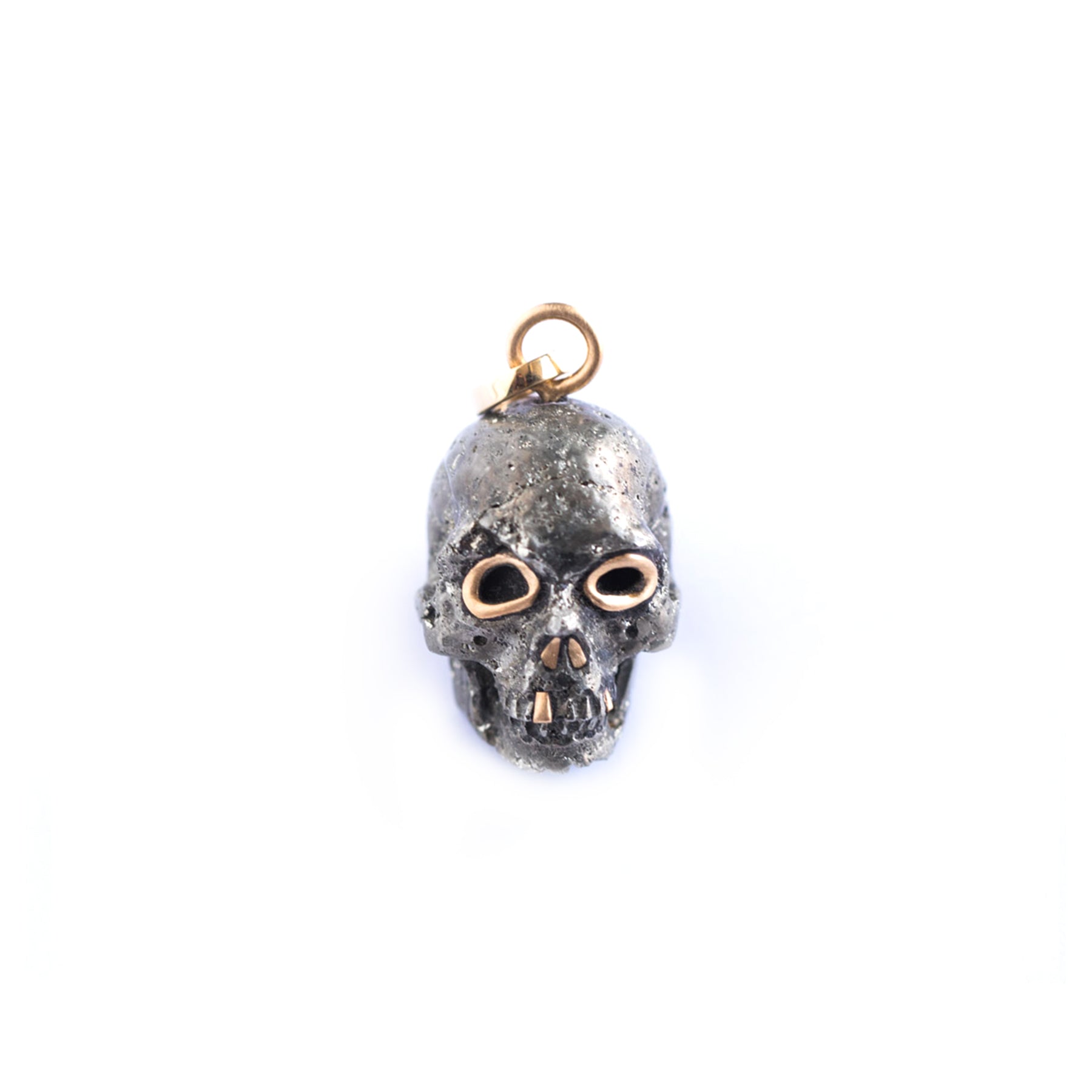Carved Pyrite Skull Amulet, 18k